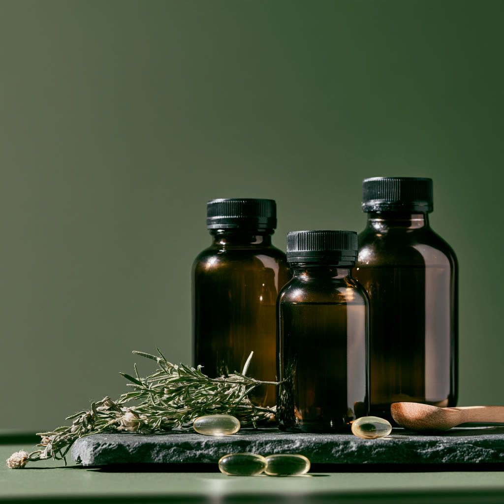 Three unlabelled amber glass supplement bottles with capsules and dried rosemary on slate