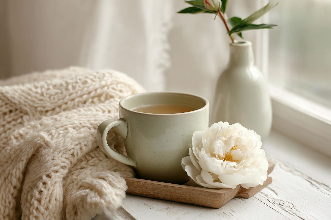 A cup of chamomile tea, a white peony and a knitted blanket by a window