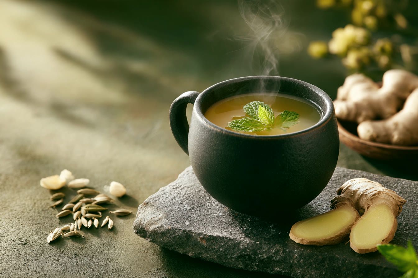 A steaming cup of ginger tea with mint, fennel seeds and fresh ginger on slate