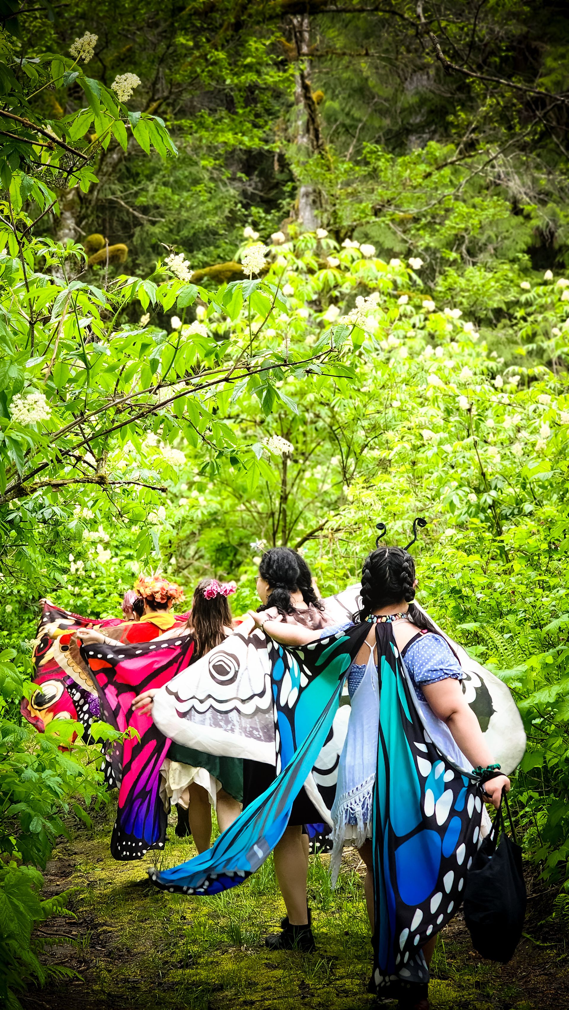 A row of people in butterfly wings walking away through lush green foliage.