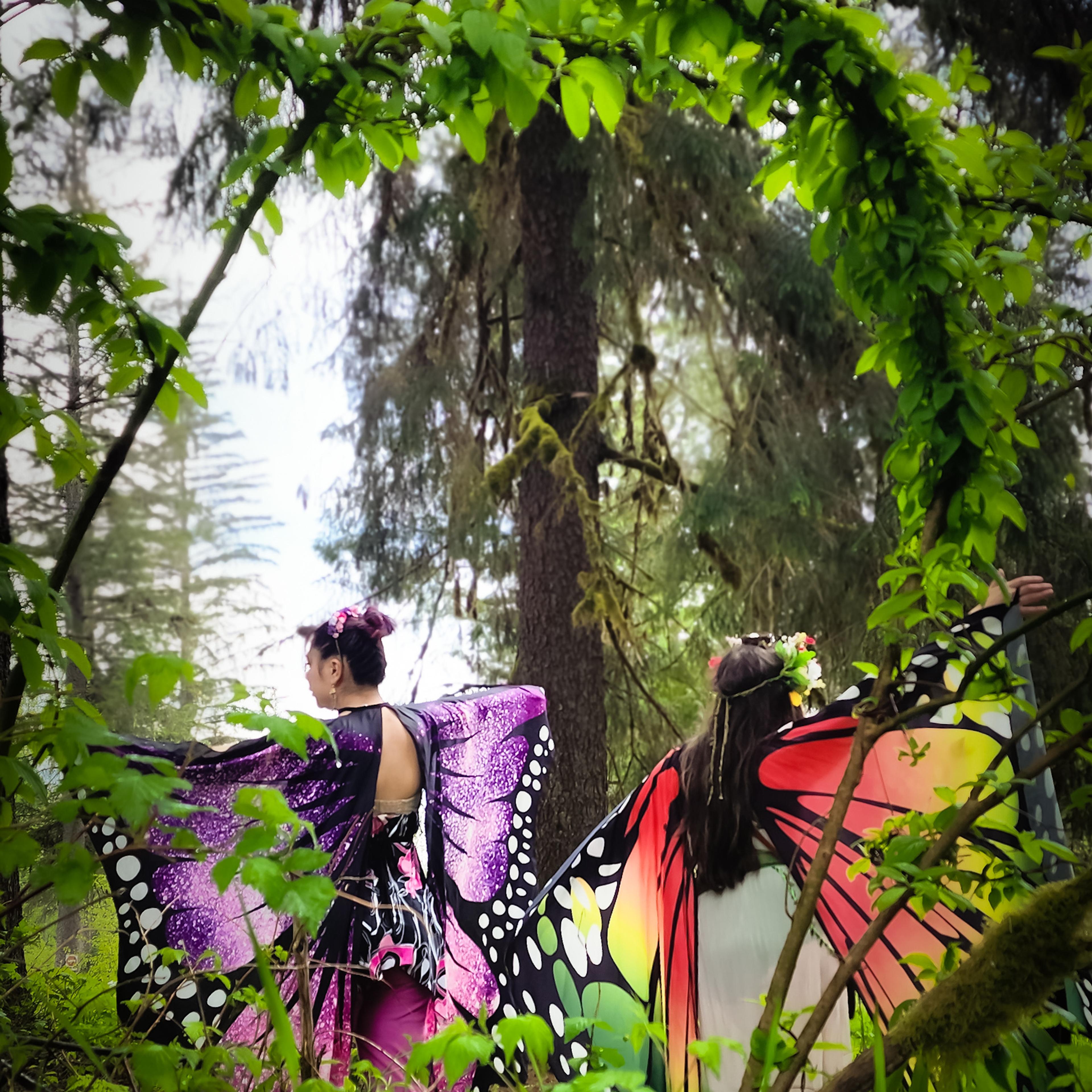 Two people in butterfly wings framed by a natural arch of green branches in the woods.