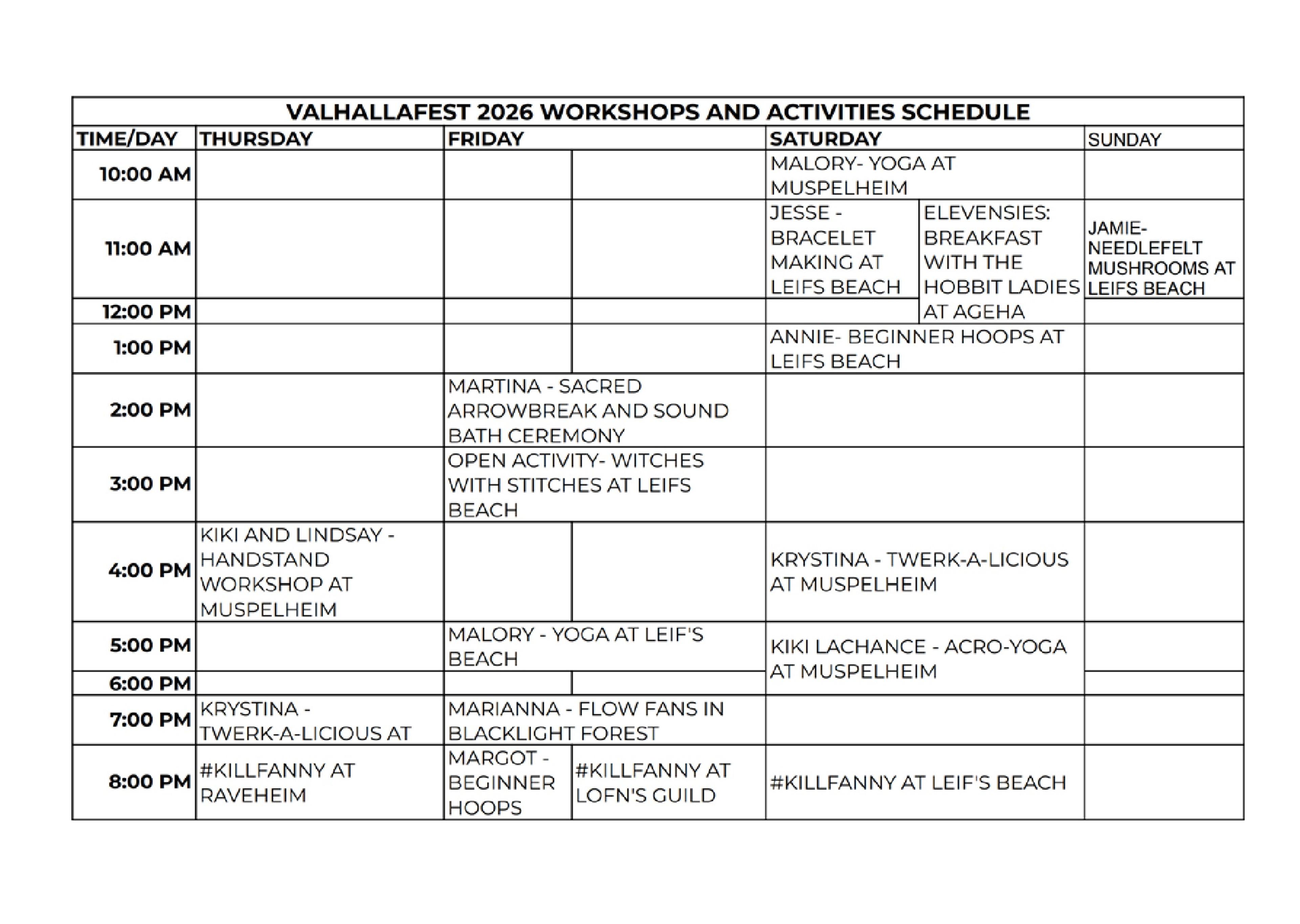 Workshops schedule