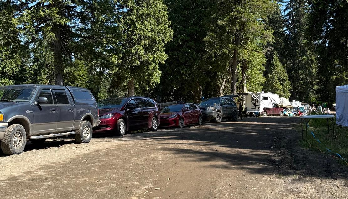 Vehicles parked along a dirt road at the ValhallaFest main festival grounds, lined by tall evergreen trees and camping tents.