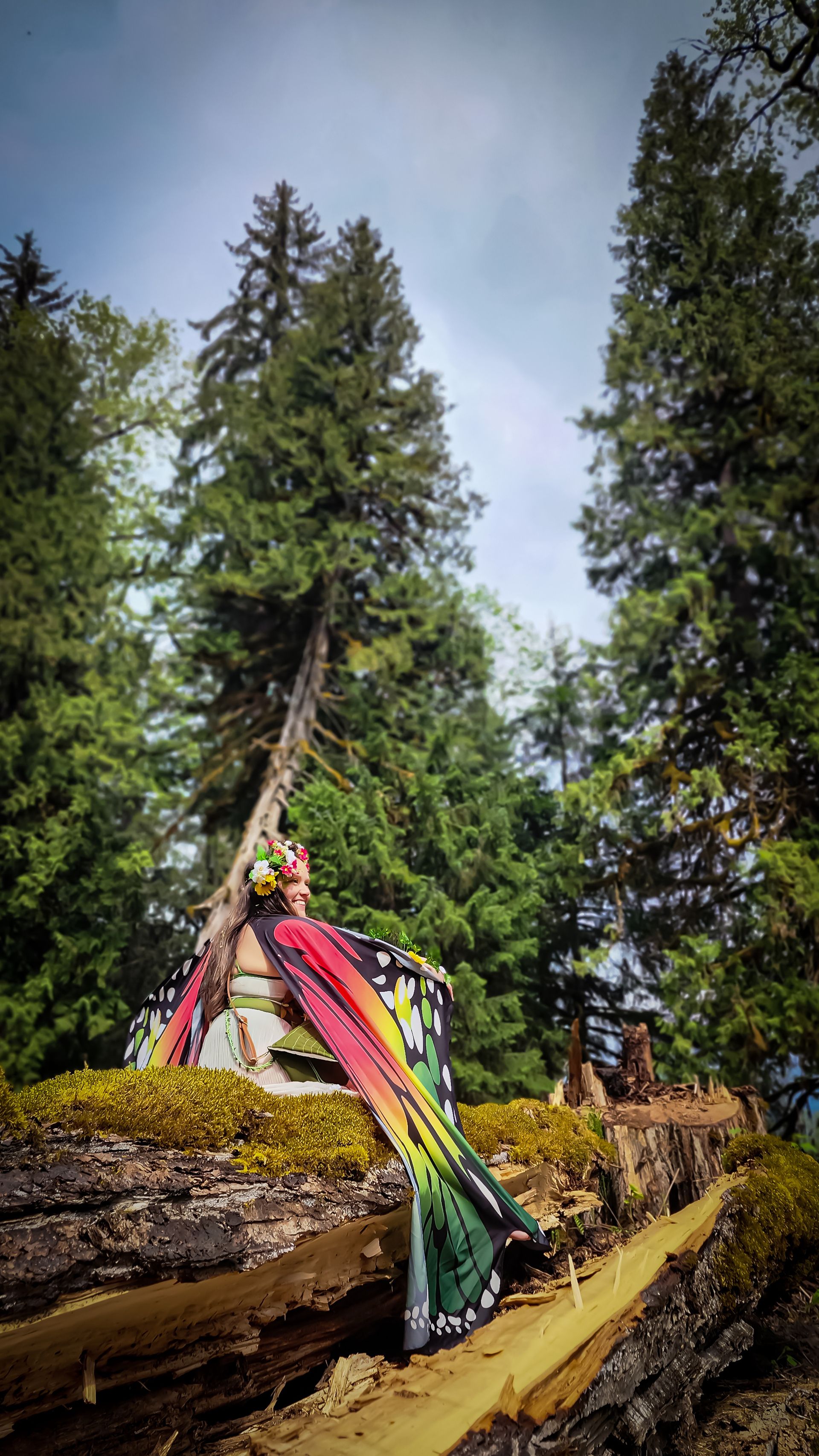 A person in butterfly wings sitting on a large fallen mossy log looking toward tall trees.