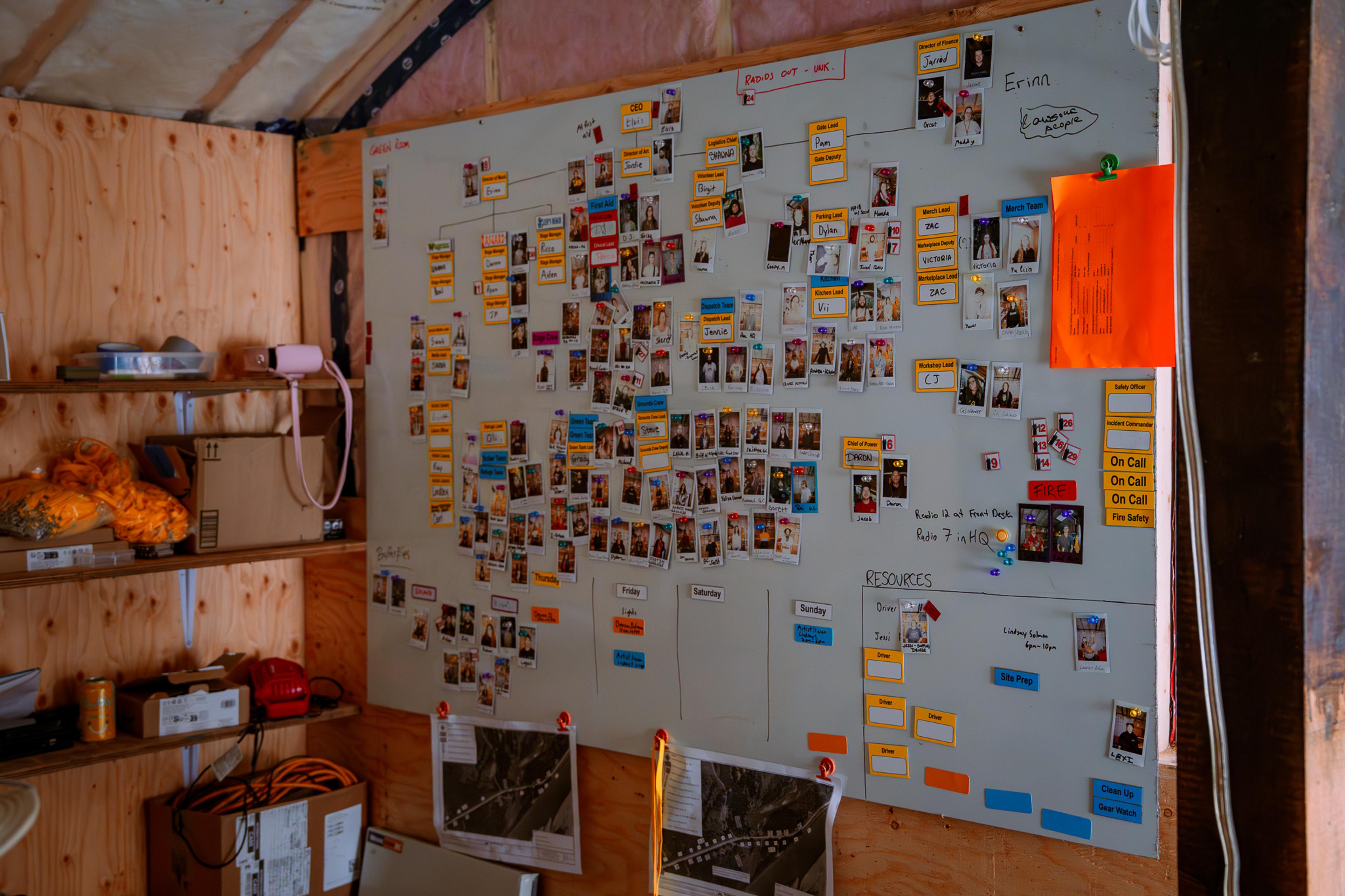 Festival operations headquarters wall covered in polaroid photos, staff name tags, and color-coded schedule boards inside a wooden festival HQ cabin.