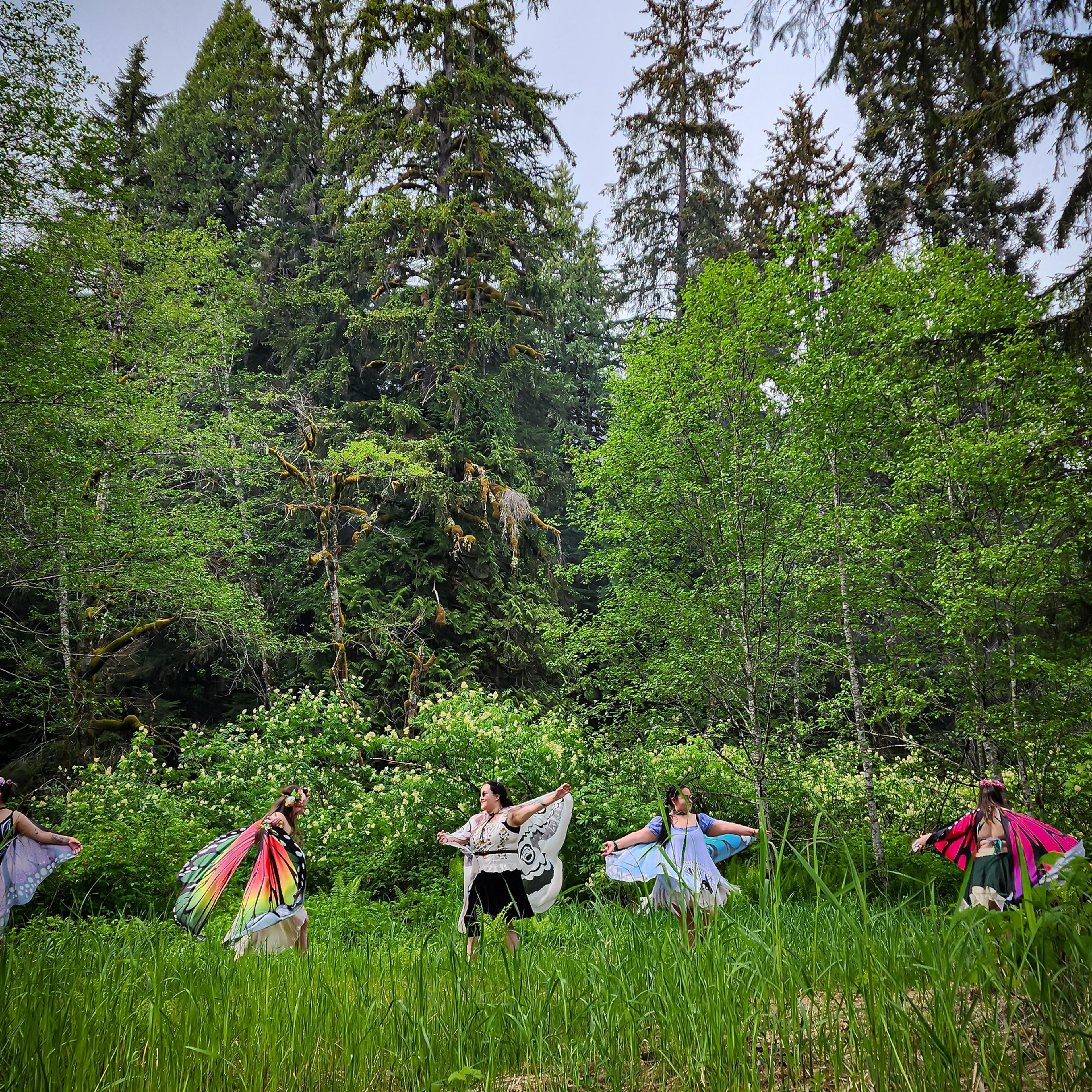 Five people in colorful butterfly wings standing in a line in a grassy forest clearing.