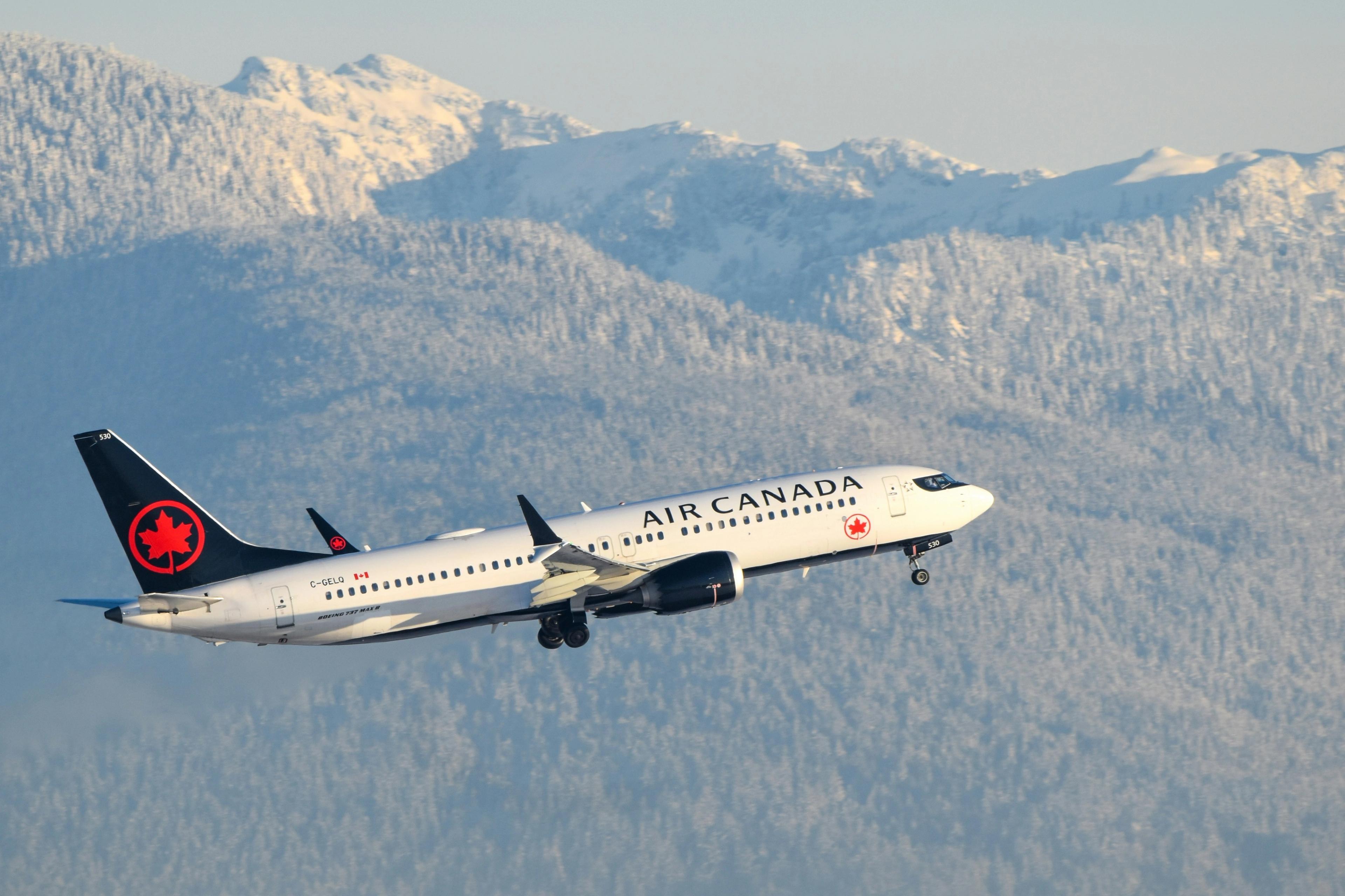     Query successful  Gemini said  An Air Canada plane takes off against a backdrop of snow-capped mountains and evergreen forests.