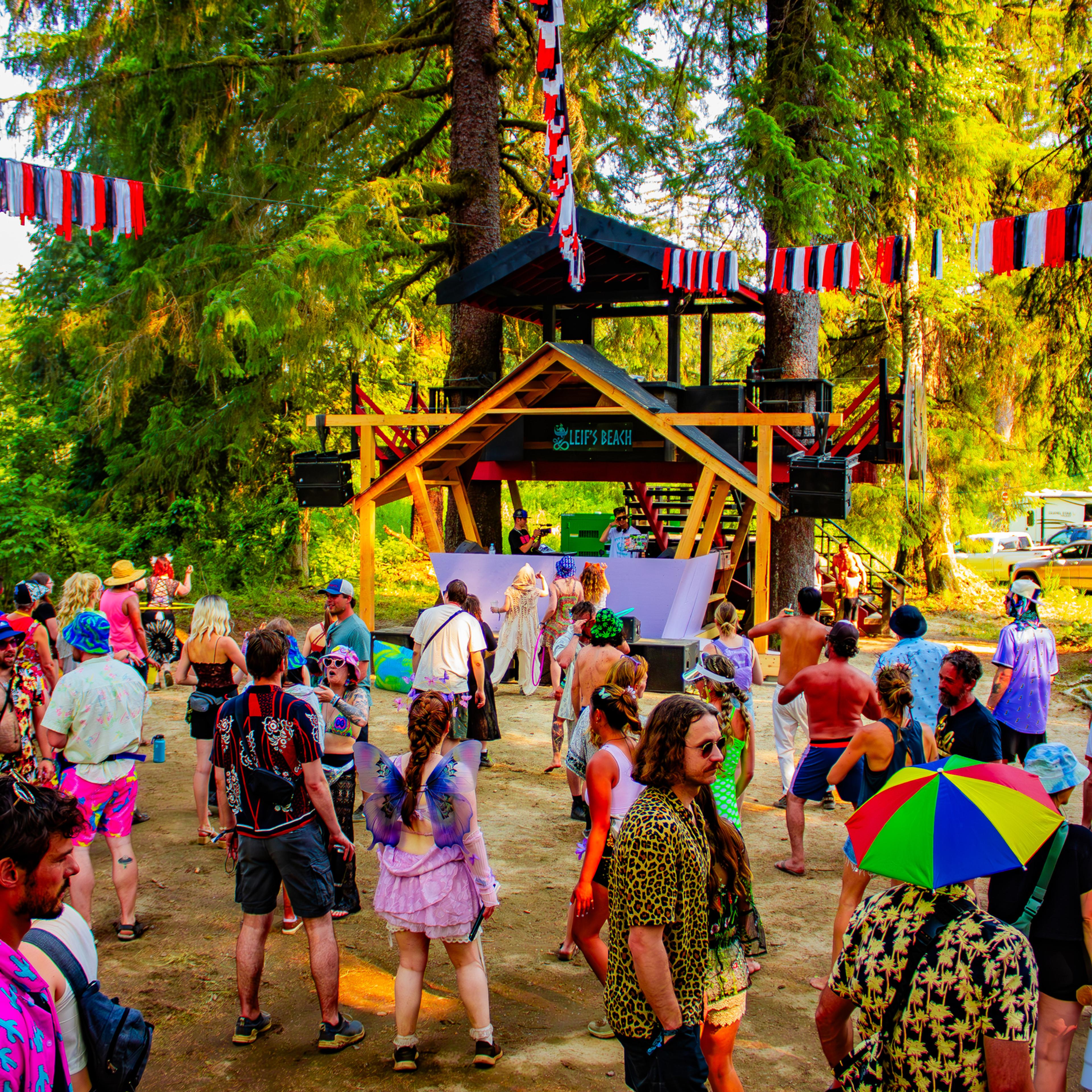 Colorful festival crowd at Leifs Beach stage