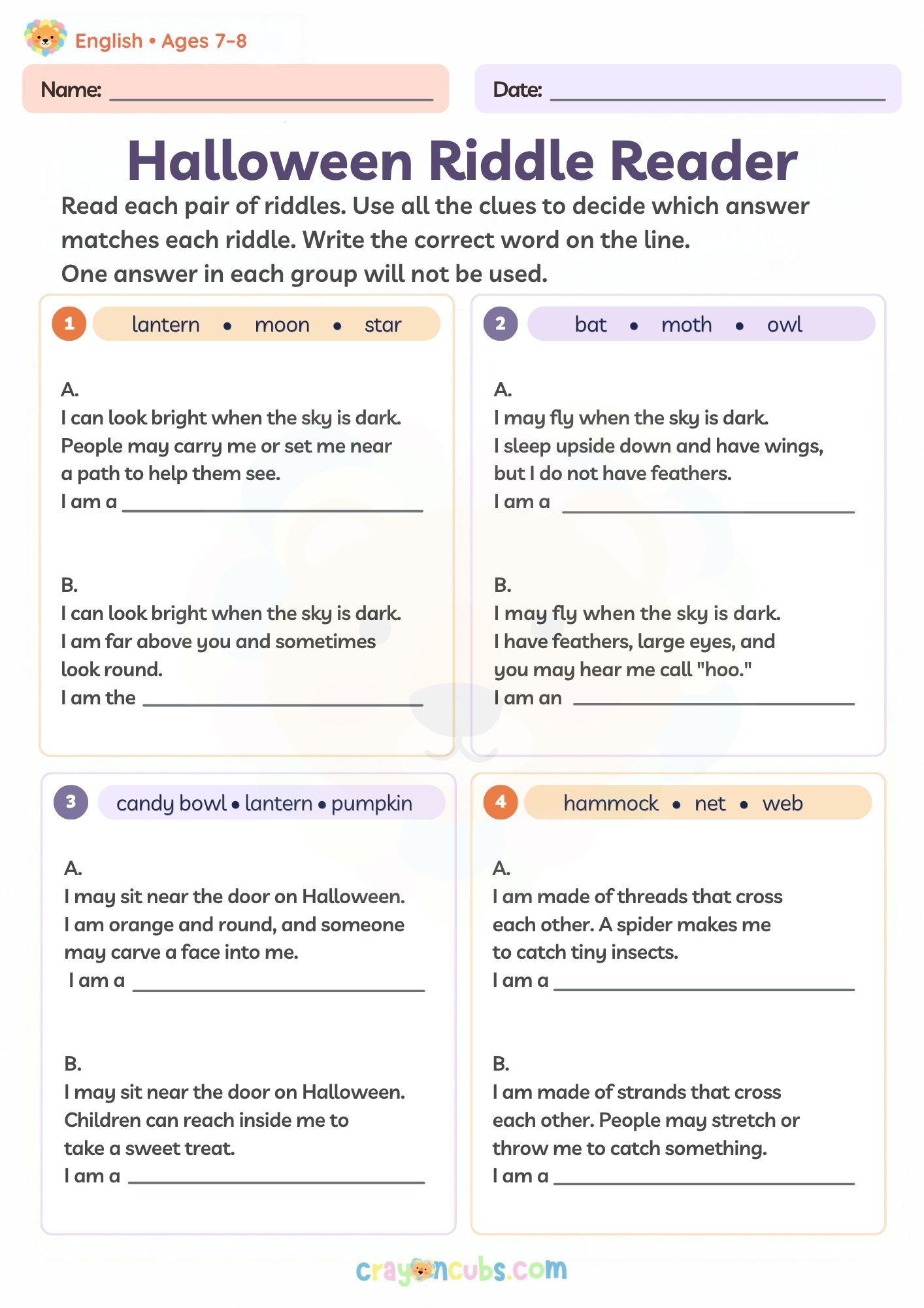Halloween Reading Comprehension Worksheet for Ages 7-8 | CrayonCubs