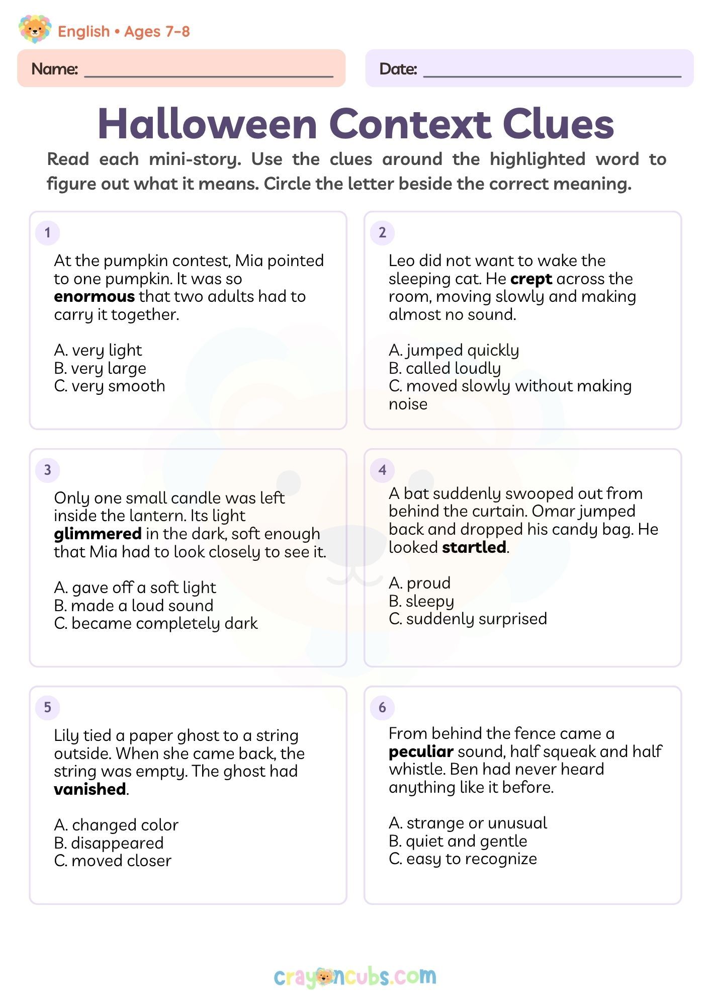 Halloween Reading Comprehension Worksheet for Ages 7-8 | CrayonCubs