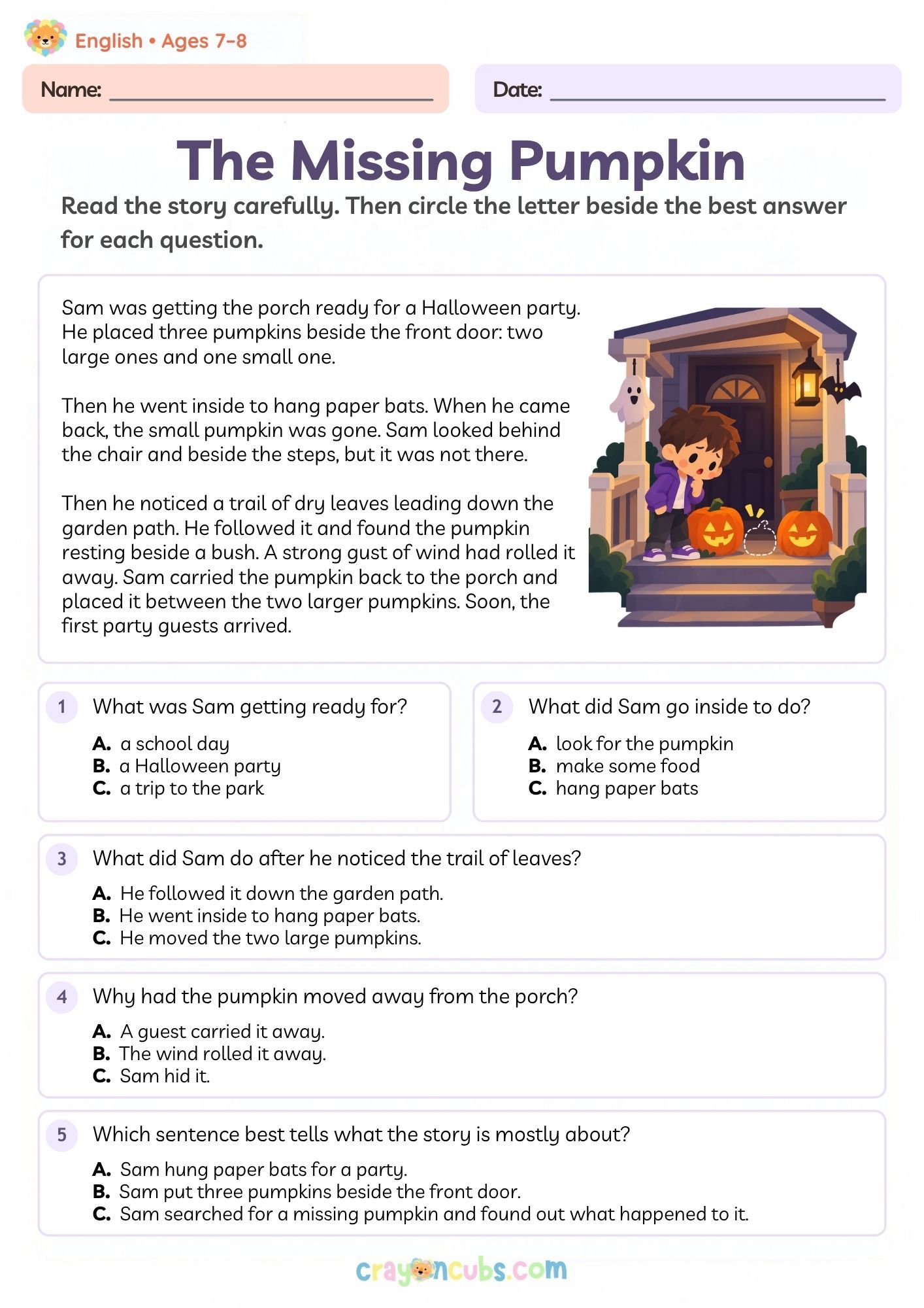 Halloween Reading Comprehension Worksheet for Ages 7-8 | CrayonCubs