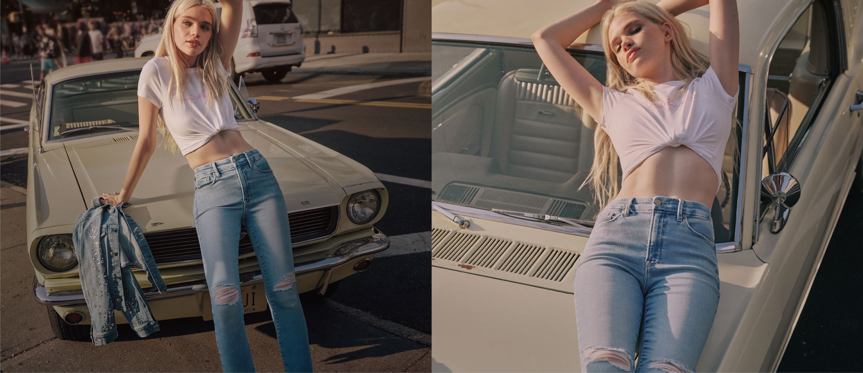 Woman with a vintage car wearing Dolly's Joleans