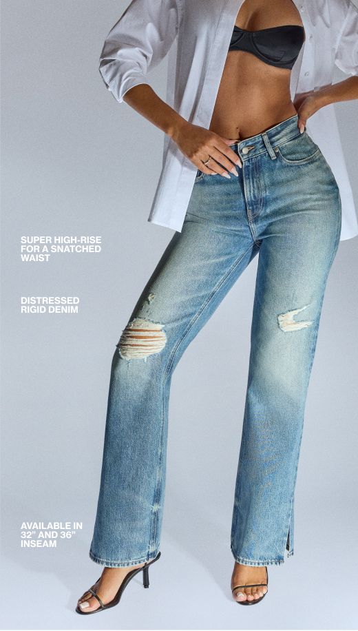 Khloe Jean Product Details: Super high rise, distressed rigid denim, available in 32" and 36" inseam