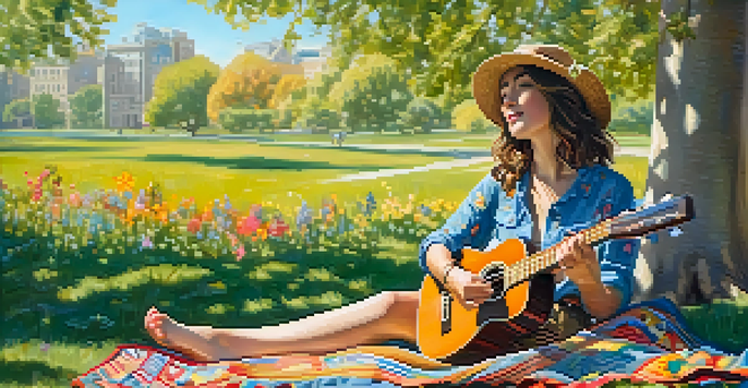 A young woman playing a ukulele on a picnic blanket in a sunny park, surrounded by wildflowers.