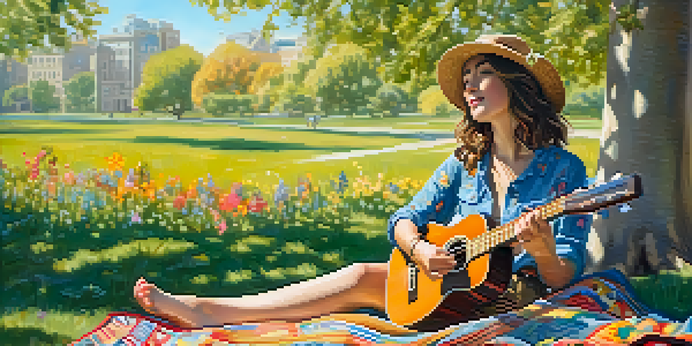 A young woman playing a ukulele on a picnic blanket in a sunny park, surrounded by wildflowers.
