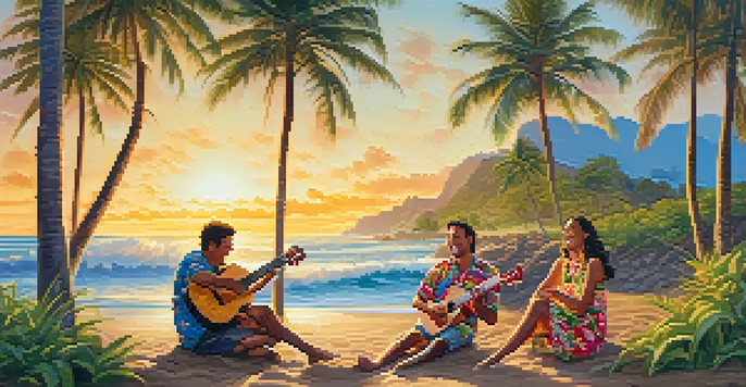 A group of friends playing ukuleles on a Hawaiian beach at sunset, surrounded by palm trees and waves.