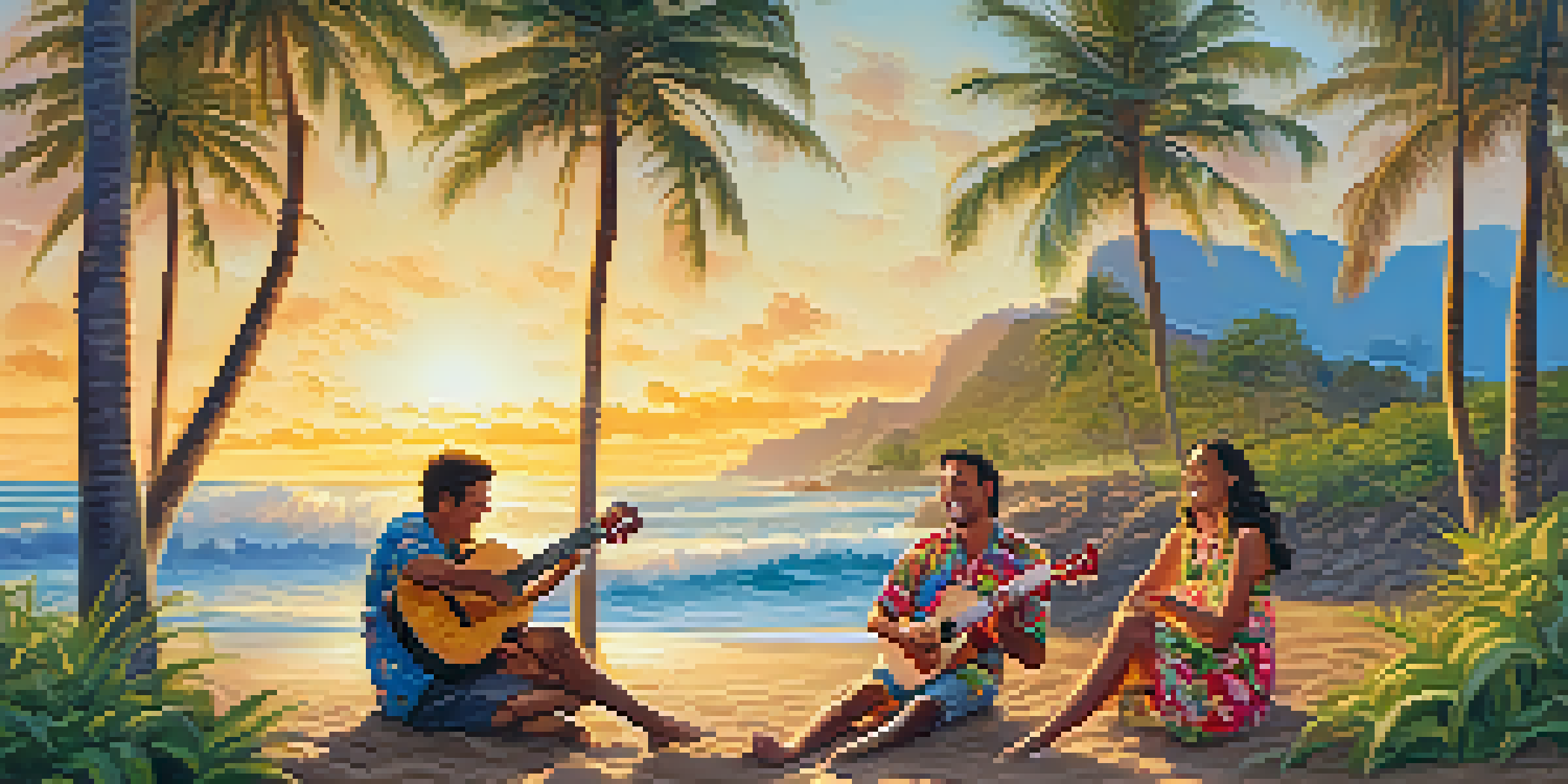 A group of friends playing ukuleles on a Hawaiian beach at sunset, surrounded by palm trees and waves.