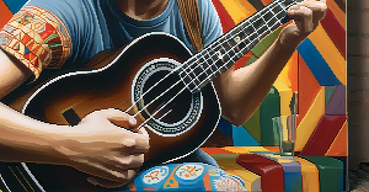 A close-up of hands playing a ukulele with chord diagrams in the background.