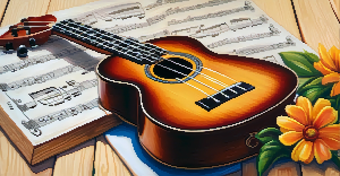 A close-up of a ukulele on a wooden table with flowers and sheet music, illuminated by warm light.