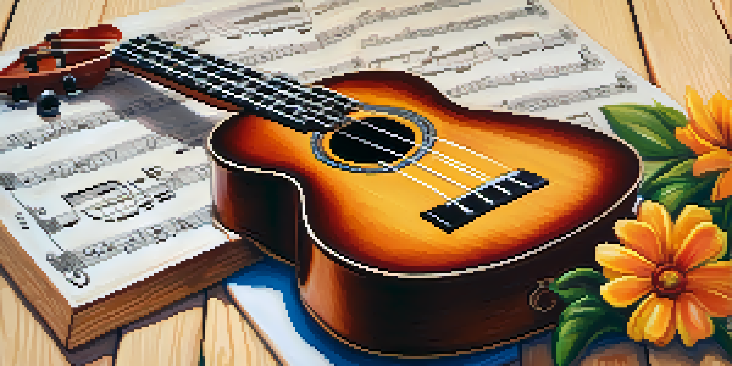 A close-up of a ukulele on a wooden table with flowers and sheet music, illuminated by warm light.
