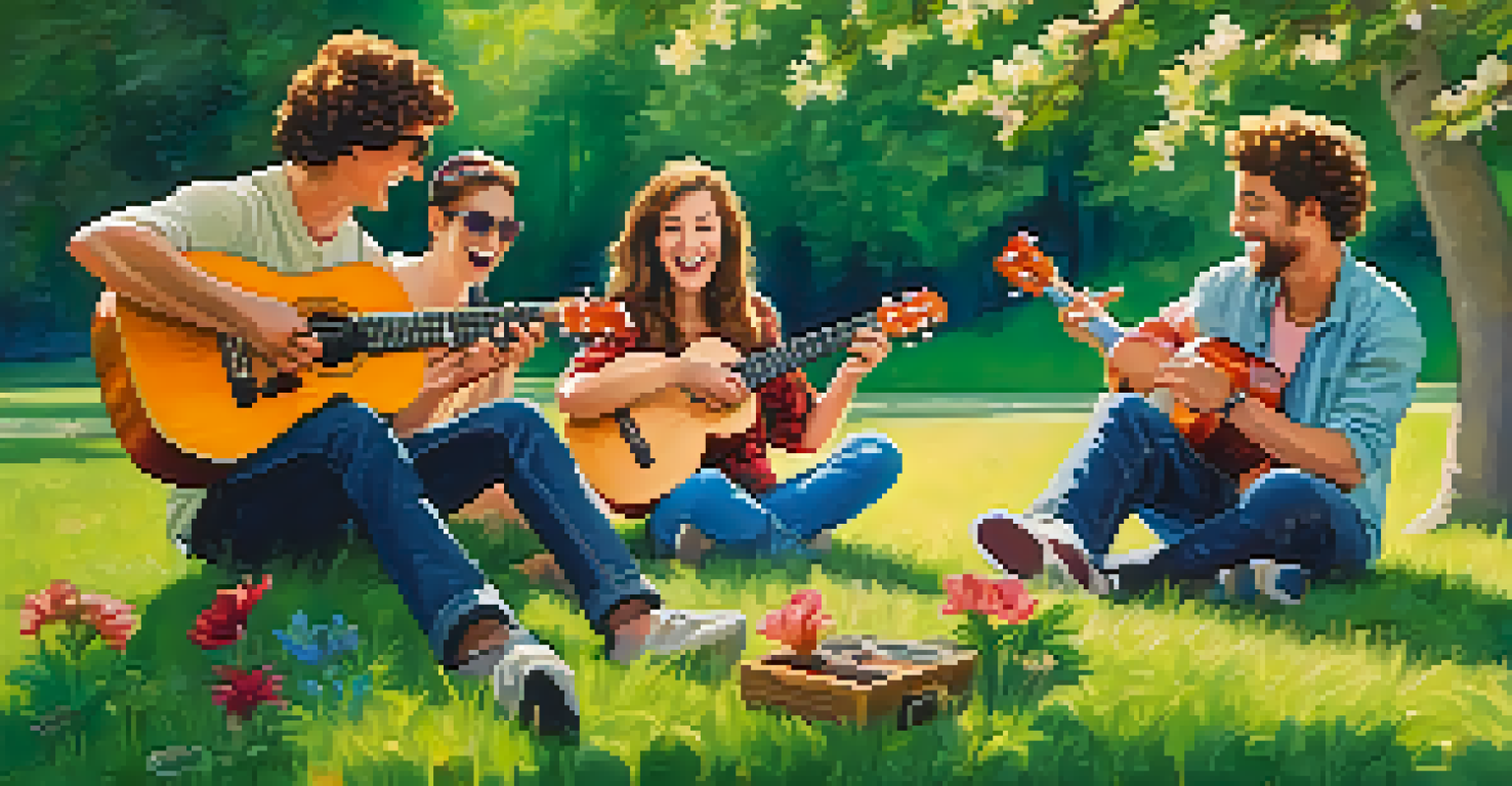A group of friends in a park, each holding a ukulele and enjoying a casual jam session under a clear blue sky.
