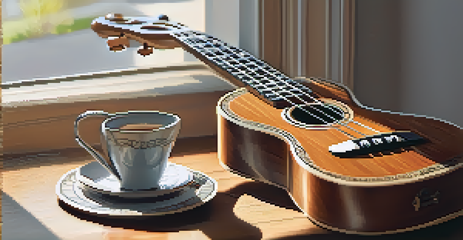 A close-up of a ukulele on a wooden table with sheet music and a coffee cup, illuminated by soft morning light.