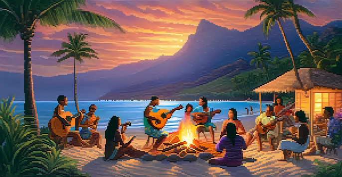 A group of diverse musicians playing ukuleles around a bonfire on a Hawaiian beach at sunset, with a colorful sky and palm trees.
