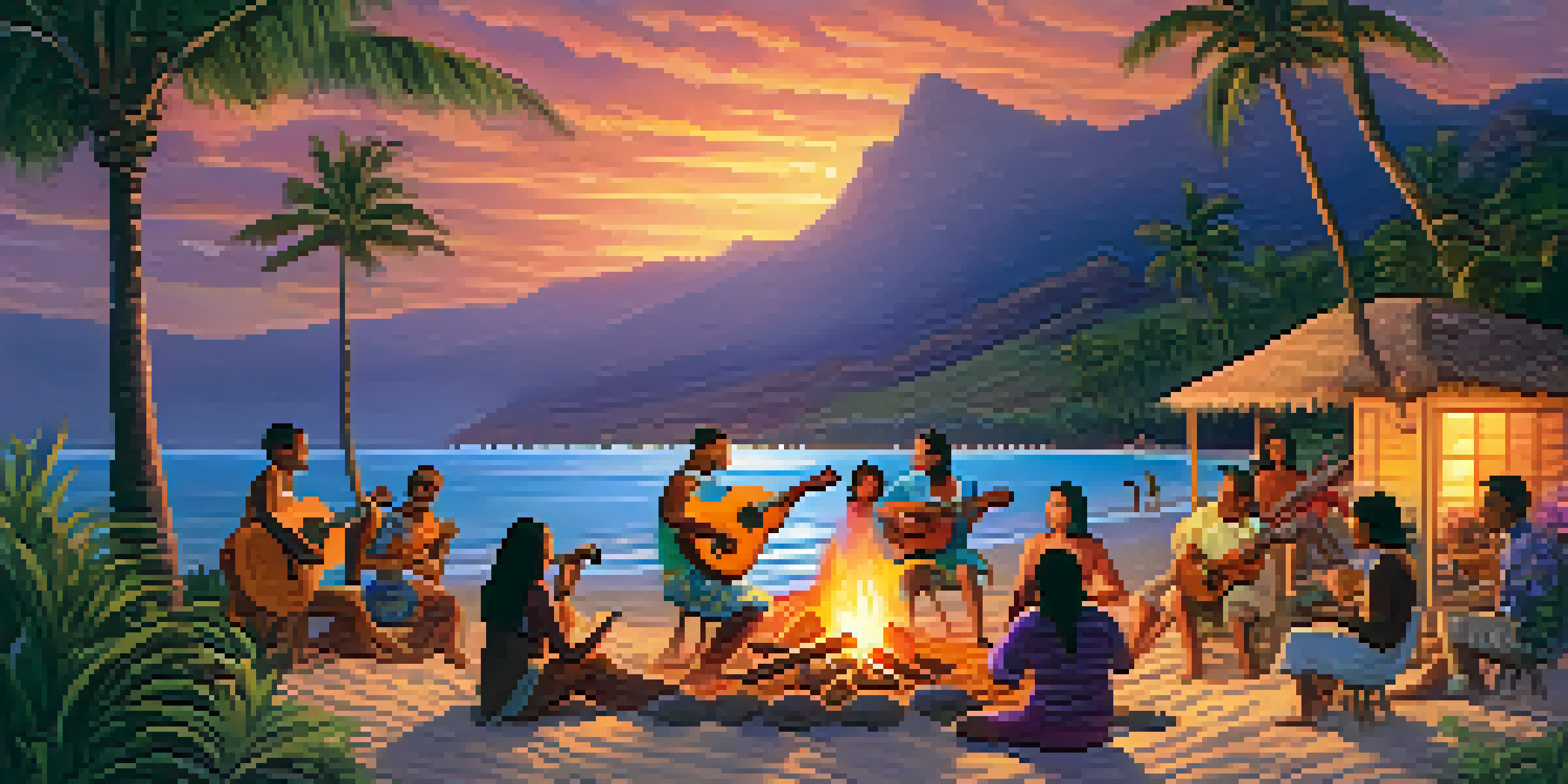 A group of diverse musicians playing ukuleles around a bonfire on a Hawaiian beach at sunset, with a colorful sky and palm trees.