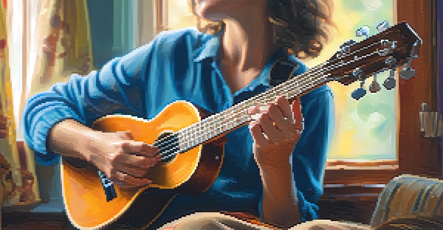 A musician's hands playing a ukulele, highlighting the fingers on the strings in a cozy, warmly lit room.