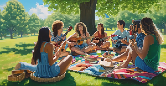 A group of diverse individuals joyfully playing ukuleles in a circle in a sunny park, surrounded by greenery and colorful picnic blankets.