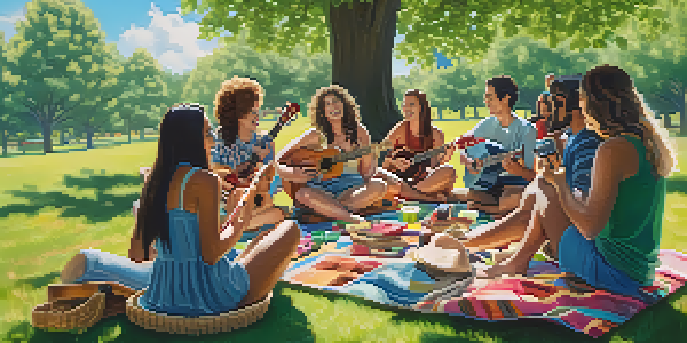 A group of diverse individuals joyfully playing ukuleles in a circle in a sunny park, surrounded by greenery and colorful picnic blankets.