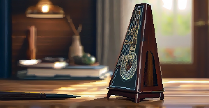A close-up of a wooden metronome on a rustic table, with a blurred ukulele in the background.