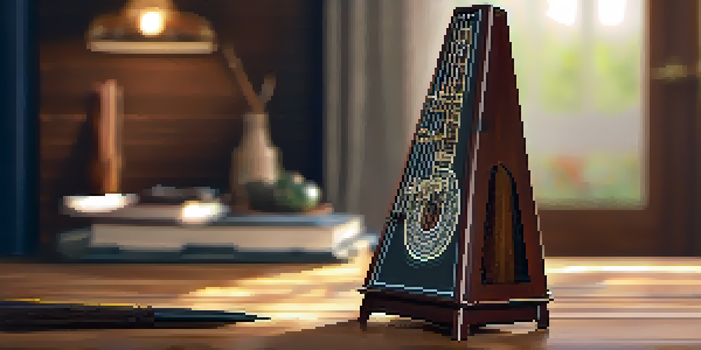 A close-up of a wooden metronome on a rustic table, with a blurred ukulele in the background.