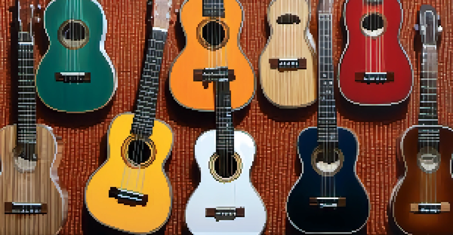 An arrangement of different types of ukulele strings on a textured fabric, labeled nylon, fluorocarbon, and metal strings.