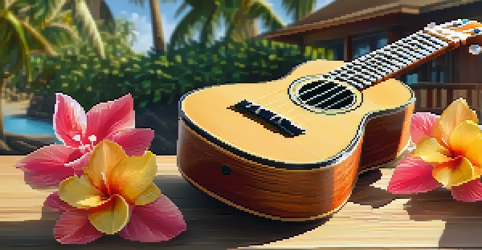 A detailed view of a ukulele on a wooden table, surrounded by tropical flowers and a blurred Hawaiian beach in the background.