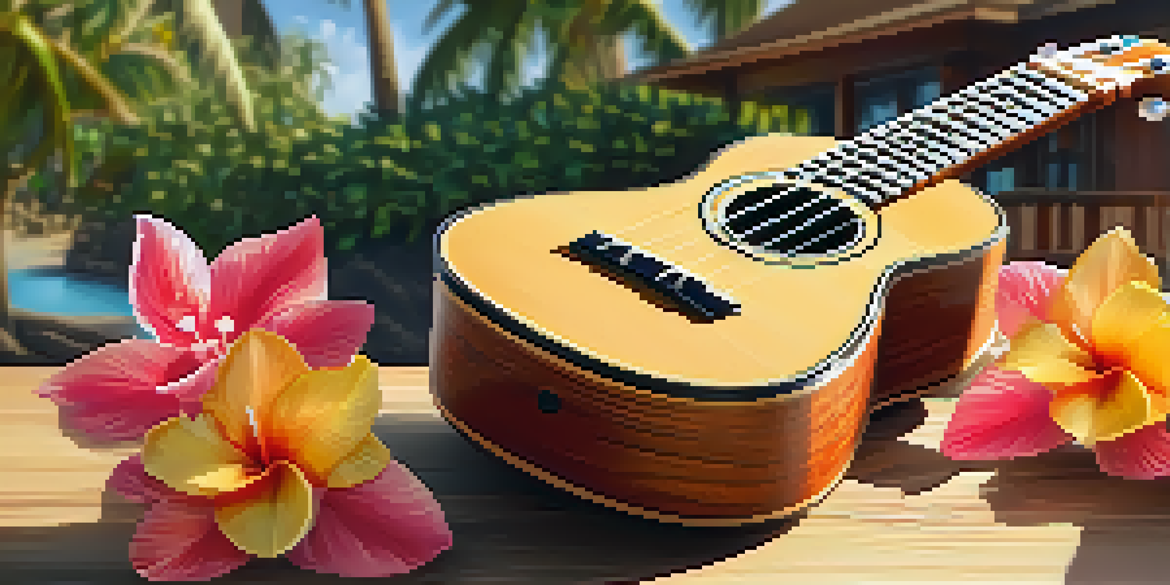 A detailed view of a ukulele on a wooden table, surrounded by tropical flowers and a blurred Hawaiian beach in the background.