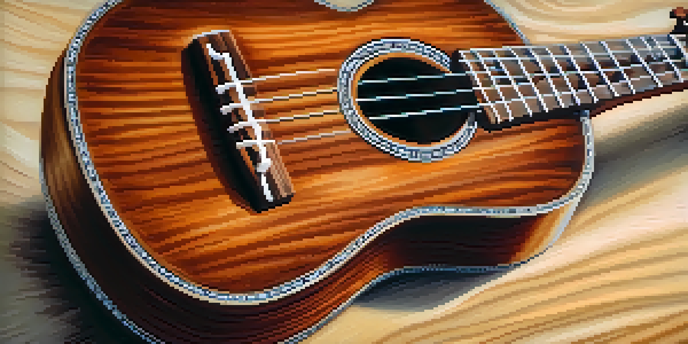 A detailed close-up of a mahogany ukulele, highlighting its wood grain and polished finish in a softly lit setting.