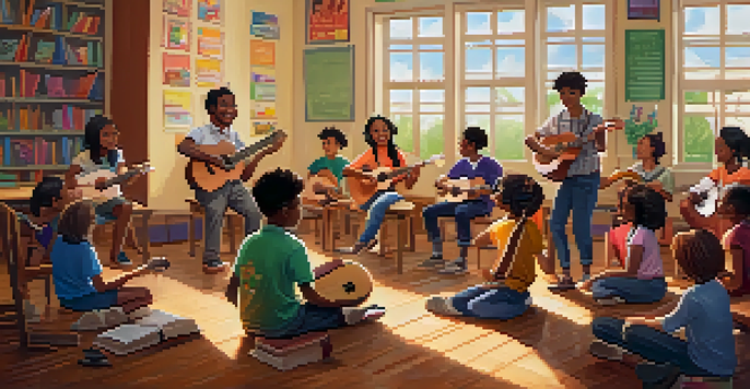 A lively classroom with students holding ukuleles, engaged in music as a way to learn a new language.