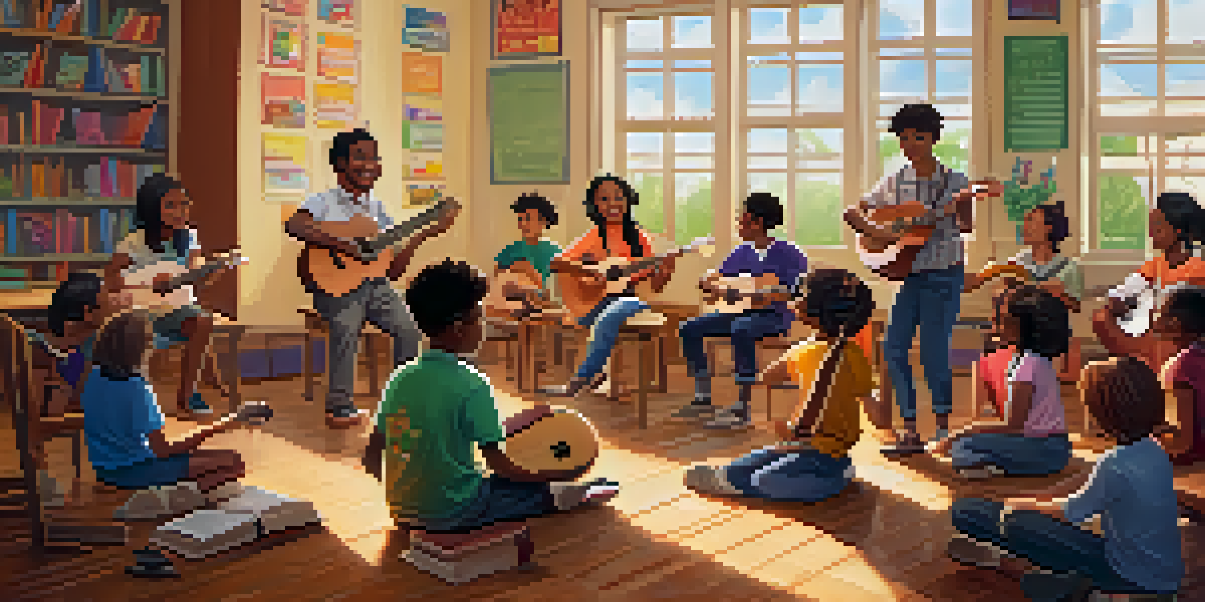A lively classroom with students holding ukuleles, engaged in music as a way to learn a new language.