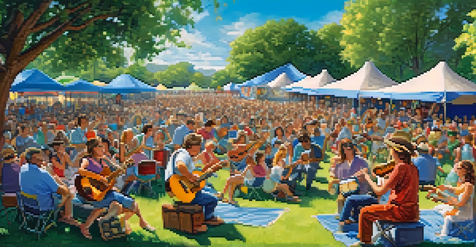 An outdoor ukulele festival with musicians on stage and an enthusiastic audience dancing and enjoying the music in a park.