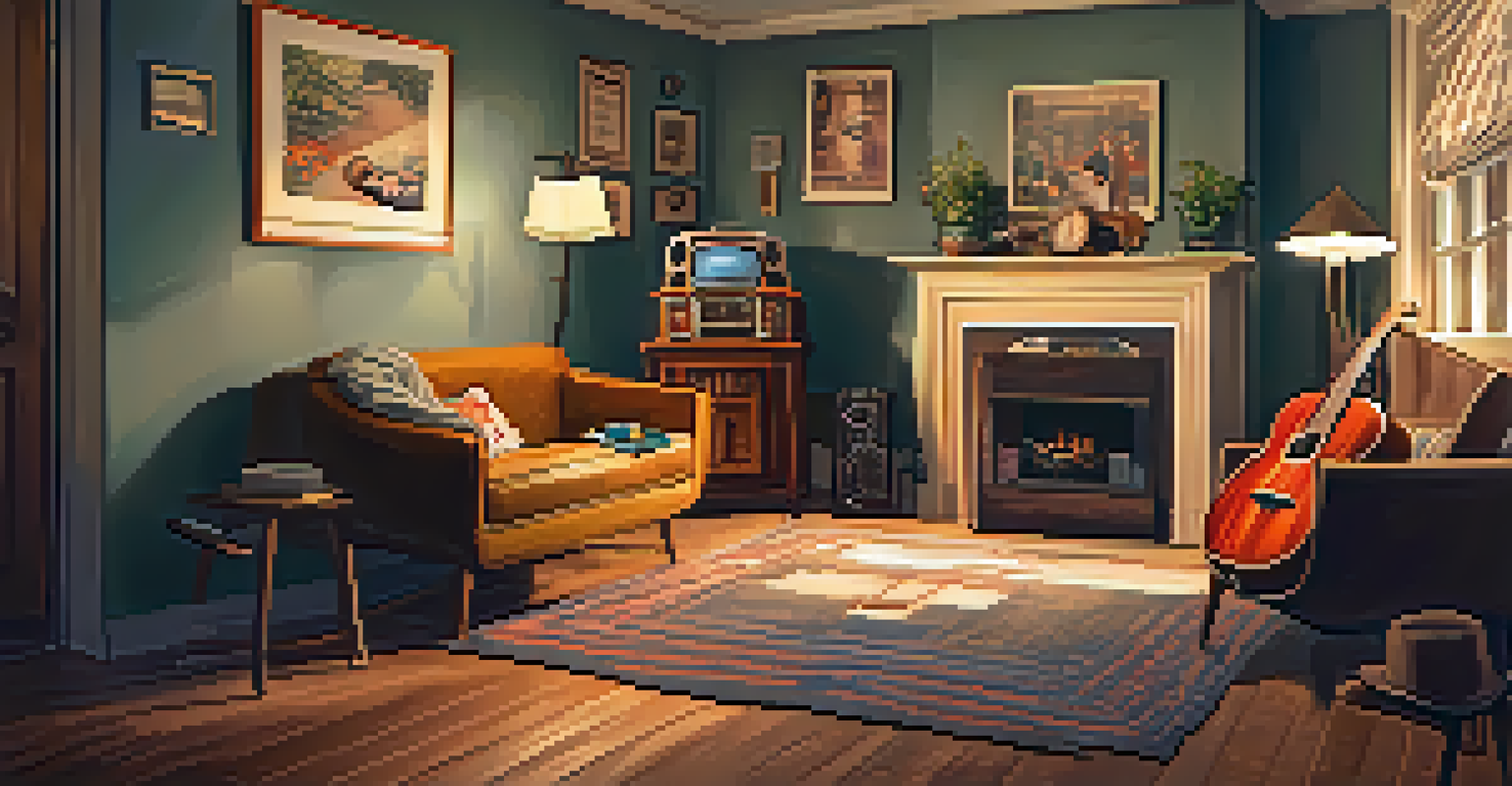A cozy 1940s living room with a couple playing a ukulele together, surrounded by warm light and vintage decor.