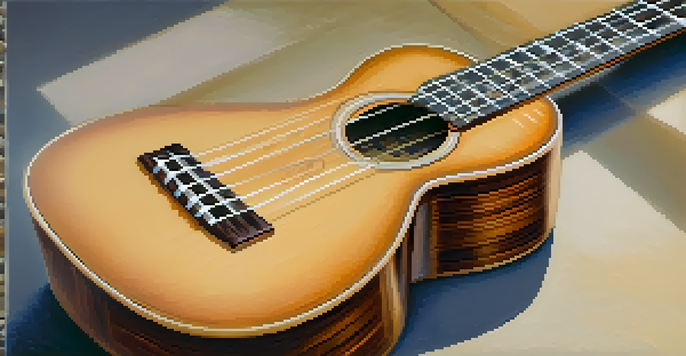 A close-up view of a ukulele displaying shiny new strings, highlighting the wood texture and fretboard details with a soft blurred background.