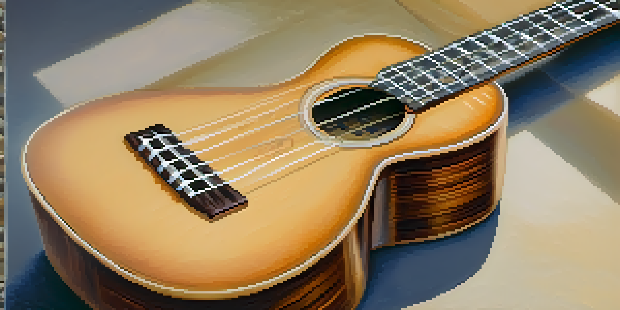 A close-up view of a ukulele displaying shiny new strings, highlighting the wood texture and fretboard details with a soft blurred background.