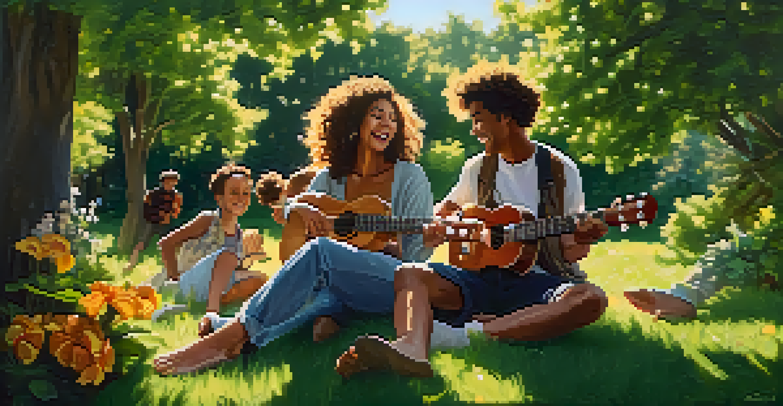 A group of friends playing ukuleles in a sunny park, surrounded by greenery and flowers.