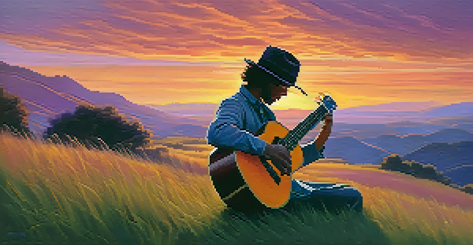 A silhouette of a musician playing ukulele on a grassy hill during a colorful sunset.