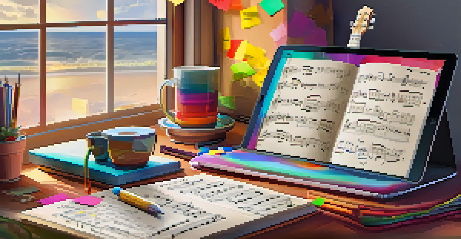 A colorful workspace with a digital tablet showing music software, a ukulele, and notes, highlighting the creative process of music transcription.