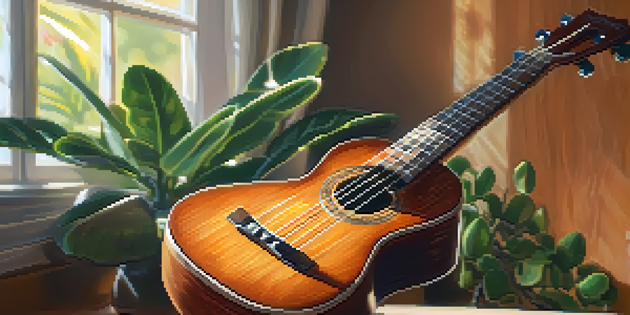 A close-up view of a ukulele on a wooden table, illuminated by natural light, with a cozy room in the background.