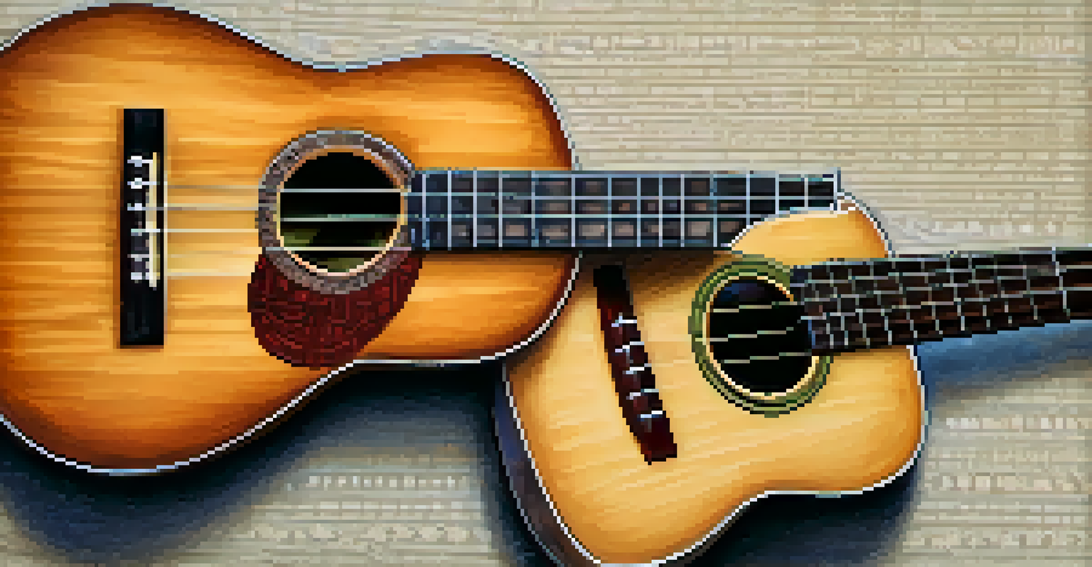 A close-up comparison of a handcrafted ukulele and a factory-made ukulele on a textured fabric.