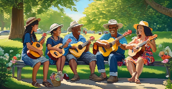 A diverse group of people playing ukuleles in a sunny park, surrounded by flowers and trees, exuding joy and community spirit.