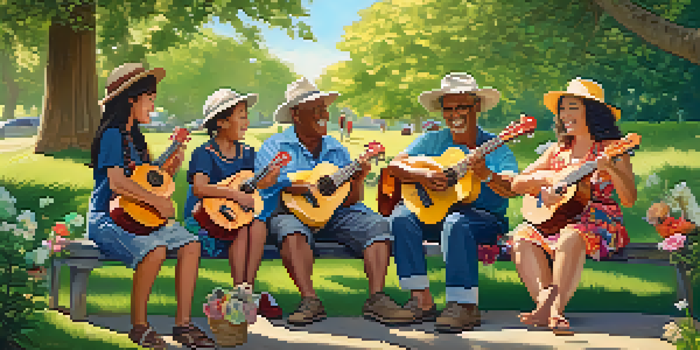 A diverse group of people playing ukuleles in a sunny park, surrounded by flowers and trees, exuding joy and community spirit.